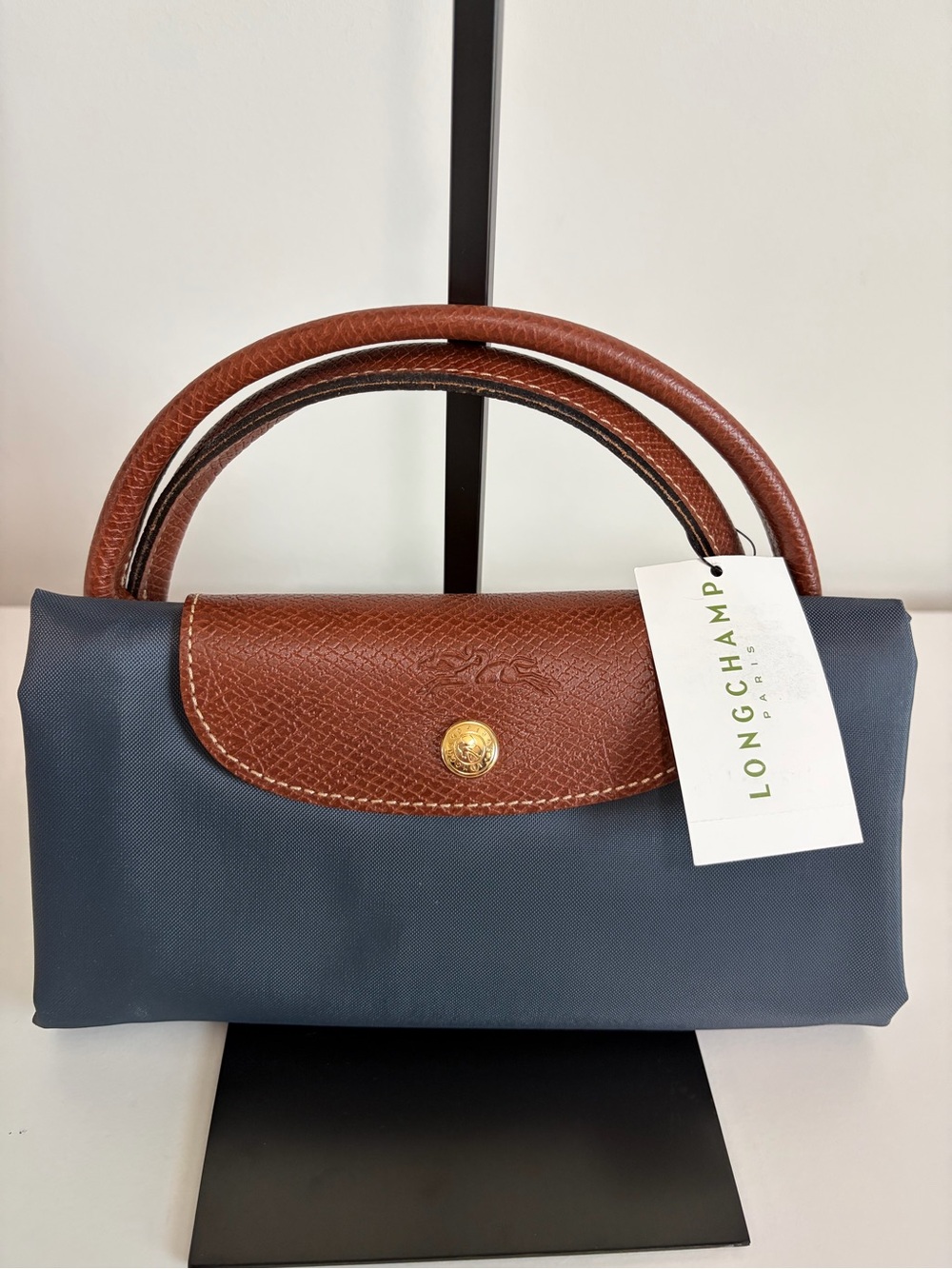 Longchamp Navy with Brown Leather-Trim Mini Top-Handle Satchel